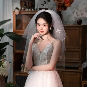 Élégant Blanche Perle Noeud Voile De Mariée 2025 0 5 M Tulle