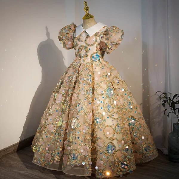 Sparkly Champagne Birthday Sequins Flower Girl Dresses 2022 Ball Gown High Neck Puffy Short Sleeve Pearl Floor-Length / Long Flower Girl Dresses