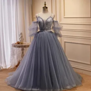 Chic Belle Gris En Dentelle Fleur Robe De Bal 2023 Princesse Bretelles Spaghetti Gonflée Manches Courtes Dos Nu Longue Promo Robe De Ceremonie