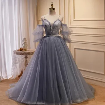 Chic Beautiful Grey Lace Flower Prom Dresses 2023 A Line Princess Spaghetti Straps Puffy Short Sleeve Backless Floor Length Long Prom Formal Dresses