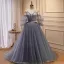 Chic / Beautiful Grey Lace Flower Prom Dresses 2023 A-Line / Princess Spaghetti Straps Puffy Short Sleeve Backless Floor-Length / Long Prom Formal Dresses