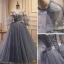 Classy Grey Lace Flower Prom Dresses 2023 Ball Gown Spaghetti Straps Short Sleeve Backless Sweep Train Prom Formal Dresses