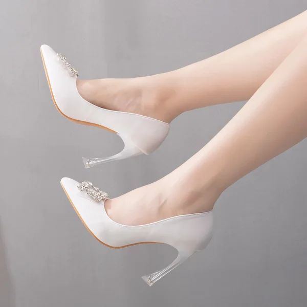 Schöne Weiß Strass Ball Pumps 2022 Leder 9 cm Stilettos Spitzschuh Pumps Hochhackige