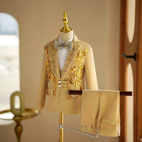 Fashion Fall Winter Gold Rhinestone Sequins Long Sleeve Boys Wedding Suits 2024 5-piece Wedding Coat Pants Shirt Tie Vest