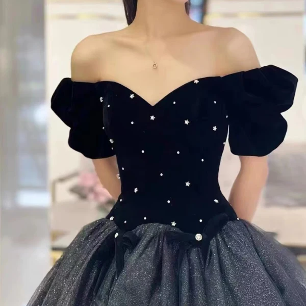 Bling Bling Bleu Marine Daim Étoile Paillettes Robe De Soirée 2023 Robe Boule Encolure Carrée Noeud Gonflée Manches Courtes Dos Nu Longue Soirée Robe De Ceremonie