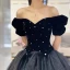 Bling Bling Bleu Marine Daim Étoile Paillettes Robe De Soirée 2023 Robe Boule Encolure Carrée Noeud Gonflée Manches Courtes Dos Nu Longue Soirée Robe De Ceremonie