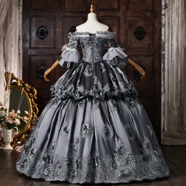 Vintage / Retro Medieval Grey Lace Flower Appliques Prom Dresses 2026 Ball Gown Off-The-Shoulder Short Sleeve Backless Floor-Length / Long Formal Dresses