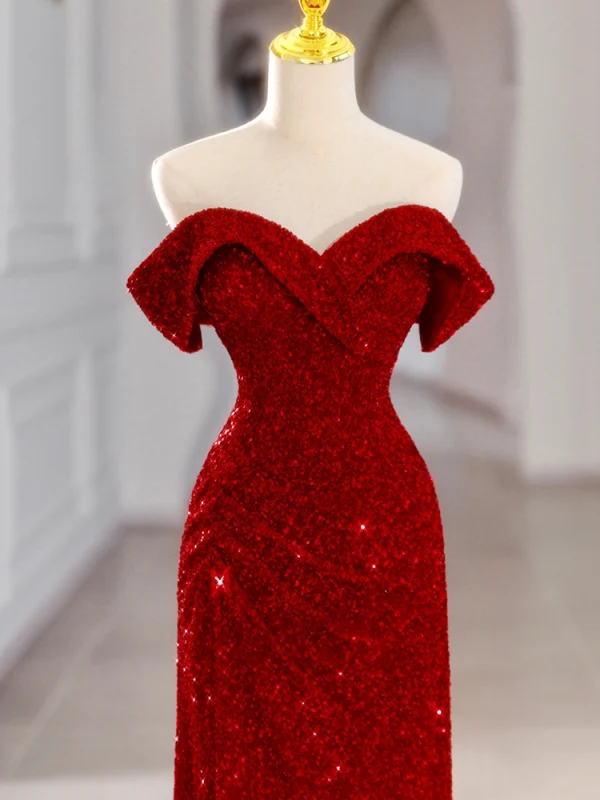 Sexy Glitzernden Burgunderrot Pailletten Gespaltete Front Abendkleider 2023 Meerjungfrau Bandeau Ärmellos Rückenfreies Sweep / Pinsel Zug Festliche Kleider