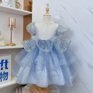 Fashion Sky Blue Star Sequins Cascading Ruffles Birthday Flower Girl Dresses 2022 Ball Gown Scoop Neck Puffy Short Sleeve Floor Length Long Flower Girl Dresses
