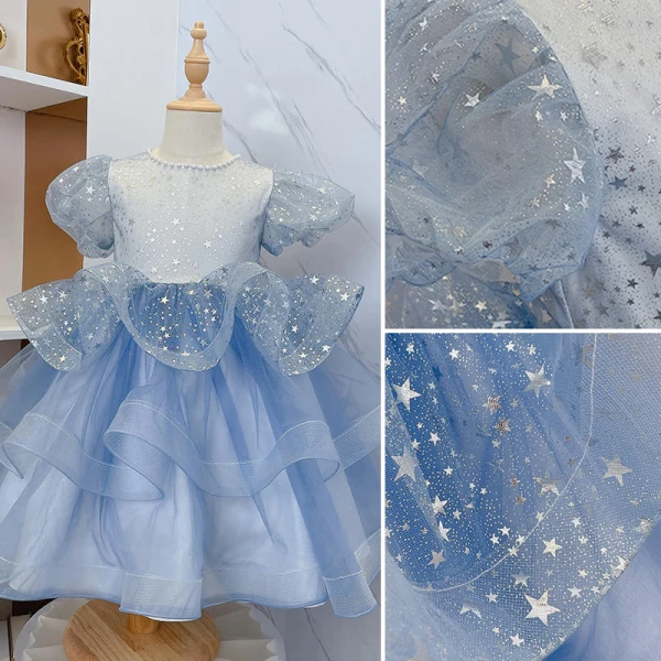 Fashion Sky Blue Star Sequins Cascading Ruffles Birthday Flower Girl Dresses 2022 Ball Gown Scoop Neck Puffy Short Sleeve Floor-Length / Long Flower Girl Dresses