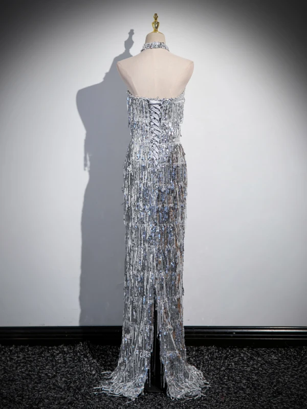 Scintillantes Sexy Argenté Paillettes Gland Robe De Soirée 2024 Trompette / Sirène Col Haut Sans Manches Dos Nu Longue Soirée Robe De Ceremonie