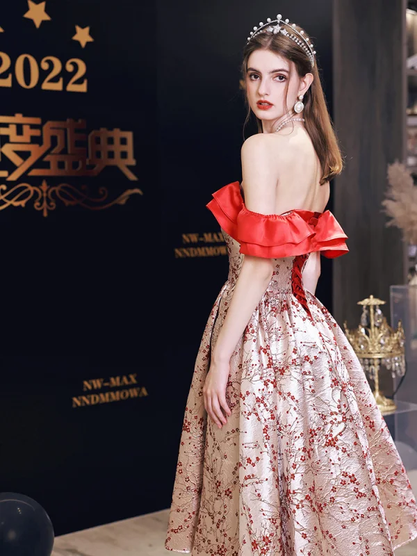 Fashion Red Flower Party Dresses 2023 A-Line / Princess Off-The-Shoulder Short Sleeve Backless Tea-length Cocktail Party Evening Party Formal Dresses