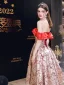 Fashion Red Flower Party Dresses 2023 A-Line / Princess Off-The-Shoulder Short Sleeve Backless Tea-length Cocktail Party Evening Party Formal Dresses