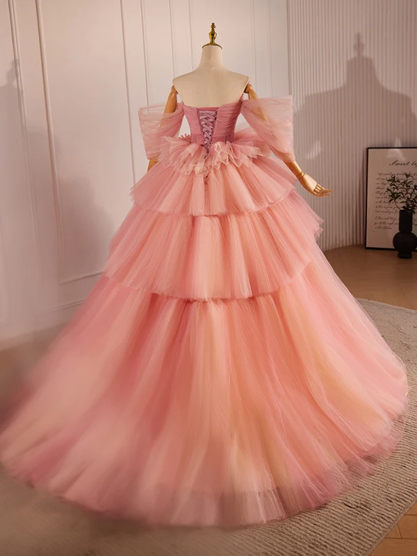 Fashion Blushing Pink Appliques Cascading Ruffles Prom Dresses 2024 Ball Gown Off-The-Shoulder Short Sleeve Backless Sweep Train Prom Formal Dresses