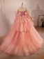 Fashion Blushing Pink Appliques Cascading Ruffles Prom Dresses 2024 Ball Gown Off-The-Shoulder Short Sleeve Backless Sweep Train Prom Formal Dresses