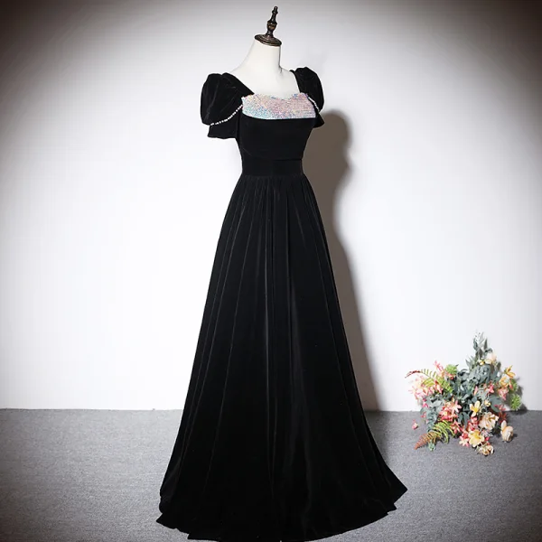 Chic / Beautiful Black Suede Evening Dresses 2023 A-Line / Princess Velour Square Neckline Sequins Short Sleeve Backless Floor-Length / Long Evening Party Formal Dresses