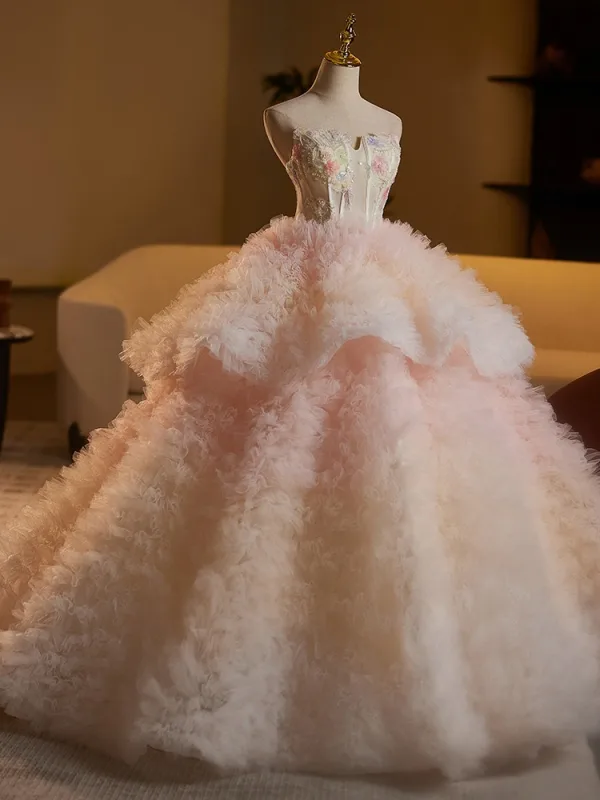 Edles Farbverlauf Rosa Perlenstickerei Pailletten Applikationen Fallende Rüsche Brautkleider / Hochzeitskleider 2025 Ballkleid Bandeau Ärmellos Rückenfreies Lange Hochzeit