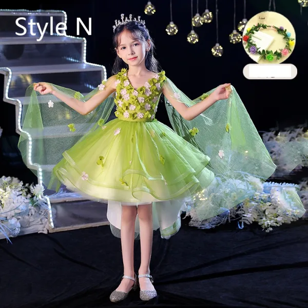 Flower Fairy Sage Green Appliques Birthday Flower Girl Dresses 2024 Ball Gown V-Neck Bell sleeves Floor-Length / Long