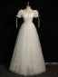Chic / Beautiful White Lace Flower Prom Dresses 2024 A-Line / Princess Square Neckline Short Sleeve Backless Floor-Length / Long Prom Formal Dresses
