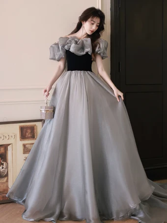 Elegant Grey Prom Dresses 2024 A Line Princess Ruffle Off The Shoulder Short Sleeve Backless Sweep Train Prom Formal Dresses