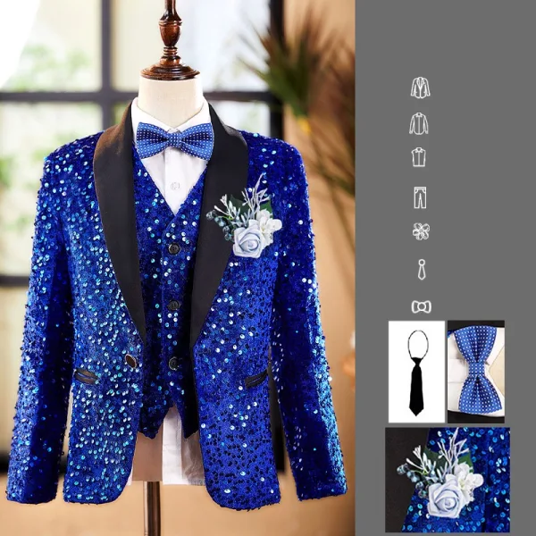 Scintillantes Gris Paillettes Manches Longues Costume Garçon Mariage 2025 Mariage Bijoux De Corps Manteau Pantalon Chemise Cravate Gilet
