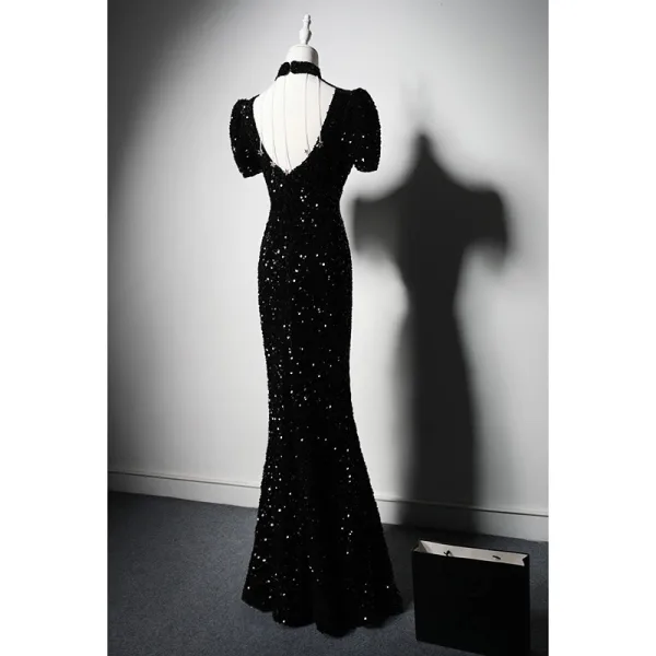 Vintage / Retro Black Beading Sequins Evening Party Cheongsam 2023 Trumpet / Mermaid High Neck Short Sleeve Backless Floor-Length / Long