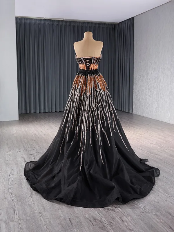 Luxus / Herrlich Schwarz Handgefertigt Perlenstickerei Pailletten Ballkleider 2024 A Linie Bandeau Ärmellos Rückenfreies Sweep / Pinsel Zug Ball Festliche Kleider