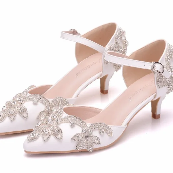 Piękne Białe Rhinestone Buty Ślubne 2025 5 cm Szpilki Szpiczaste Ślub Sandały Wysokie Obcasy