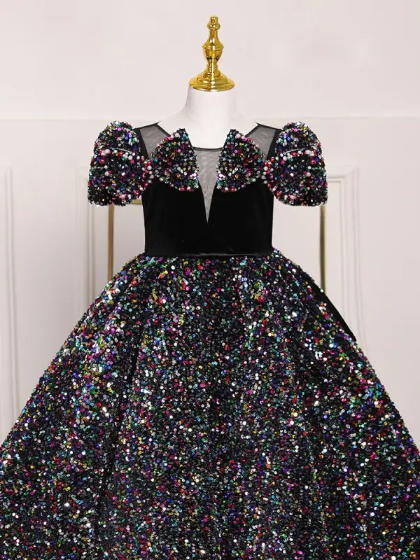 Sparkly Multi-Colors Sequins Birthday Black Flower Girl Dresses 2022 Ball Gown Scoop Neck Puffy Short Sleeve Backless Floor-Length / Long Flower Girl Dresses