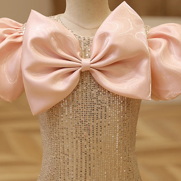 Sparkly Gold Sequins Birthday Flower Girl Dresses 2023 Trumpet / Mermaid Scoop Neck Puffy Short Sleeve Bow Floor-Length / Long Flower Girl Dresses