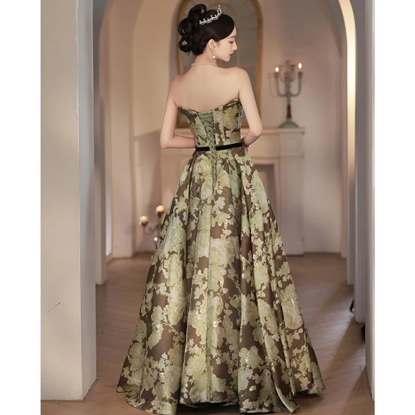 Vintage / Retro Army Green Printing Prom Dresses 2022 A-Line / Princess Strapless Sleeveless Backless Sash Floor-Length / Long Prom Formal Dresses