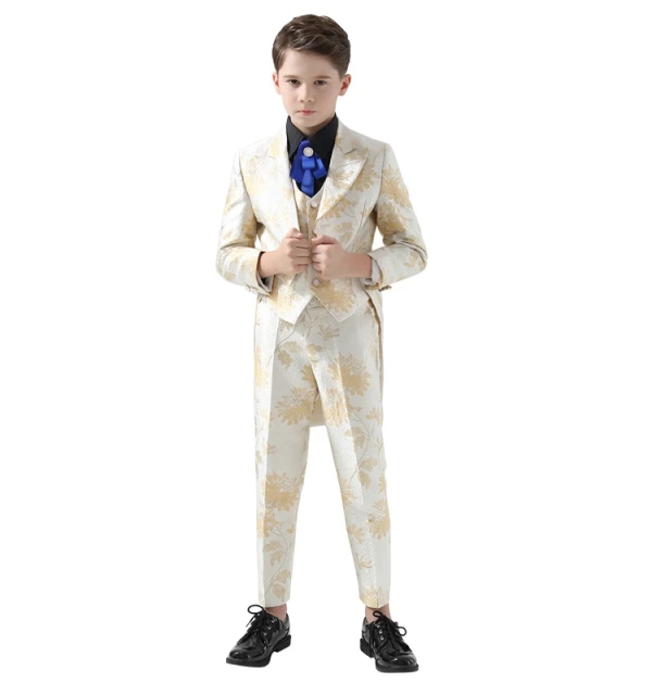 Fashion Yellow Printing 5-piece Long Sleeve Boys Wedding Suits 2024 Coat Pants Shirt Tie Vest