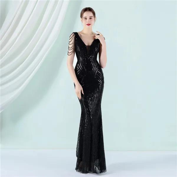 Sparkly Black Sequins Evening Dresses 2022 Trumpet / Mermaid V-Neck Beading Sleeveless Floor-Length / Long Evening Party Formal Dresses