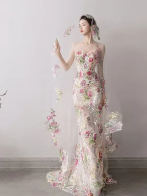 High End Sexy Multi Farger Beading Paljetter Blonder Blomst Selskapskjoler 2025 Trompet Havfrue Kjæreste Uten Ermer Ryggløse Feie Tog Aften