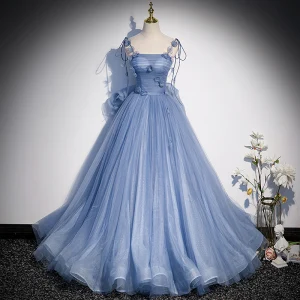Chic Beautiful Sky Blue Appliques Prom Dresses 2022 A Line Princess Spaghetti Straps Sleeveless Backless Floor Length Long Prom Formal Dresses