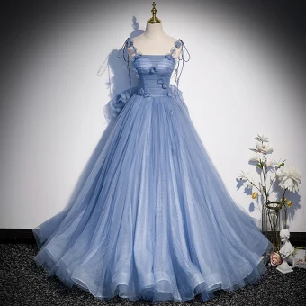 Chic Belle Bleu Ciel Appliques Robe De Bal 2022 Princesse Bretelles Spaghetti Sans Manches Dos Nu Longue Promo Robe De Ceremonie