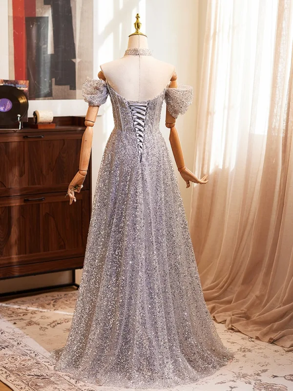 Charming Silver Grey Beading Sequins Prom Dresses 2024 A-Line / Princess Off-The-Shoulder Short Sleeve Backless Floor-Length / Long Prom Formal Dresses
