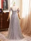 Charming Silver Grey Beading Sequins Prom Dresses 2024 A-Line / Princess Off-The-Shoulder Short Sleeve Backless Floor-Length / Long Prom Formal Dresses