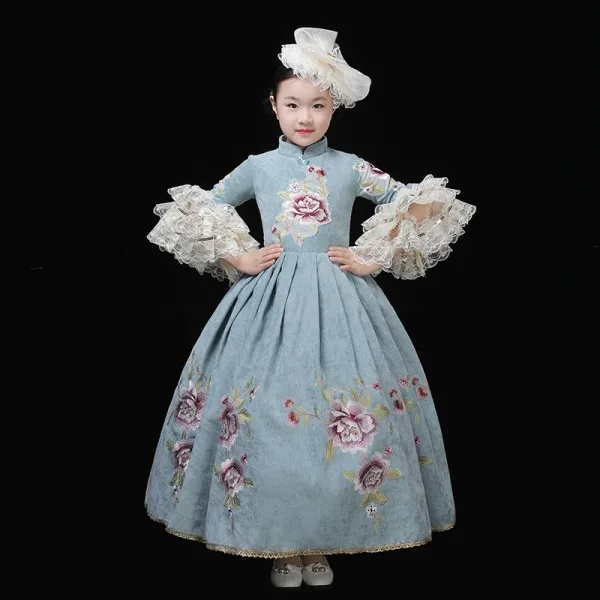 Vintage / Retro Medieval Pool Blue Flower Girl Dresses 2024 Printing Floral Floor-Length / Long 3/4 Sleeve High Neck Cosplay Wedding Prom A-Line / Princess Ball Gown Wedding Party Dresses