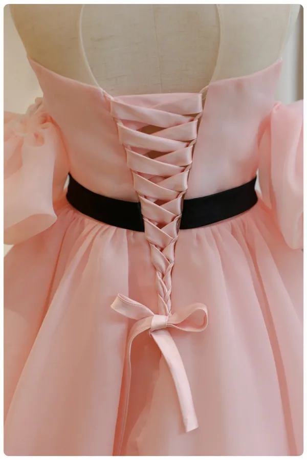 Lovely Blushing Pink Appliques Birthday Organza Flower Girl Dresses 2024 A-Line / Princess Strapless Puffy Short Sleeve Backless Floor-Length / Long