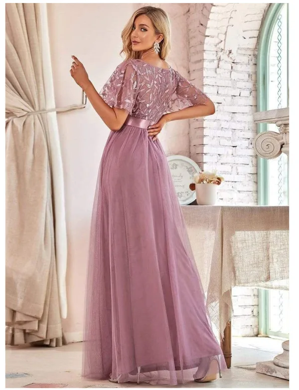 Modest / Simple Grey Sequins Lace Flower Prom Dresses 2024 A-Line / Princess Scoop Neck Short Sleeve Floor-Length / Long Prom Formal Dresses