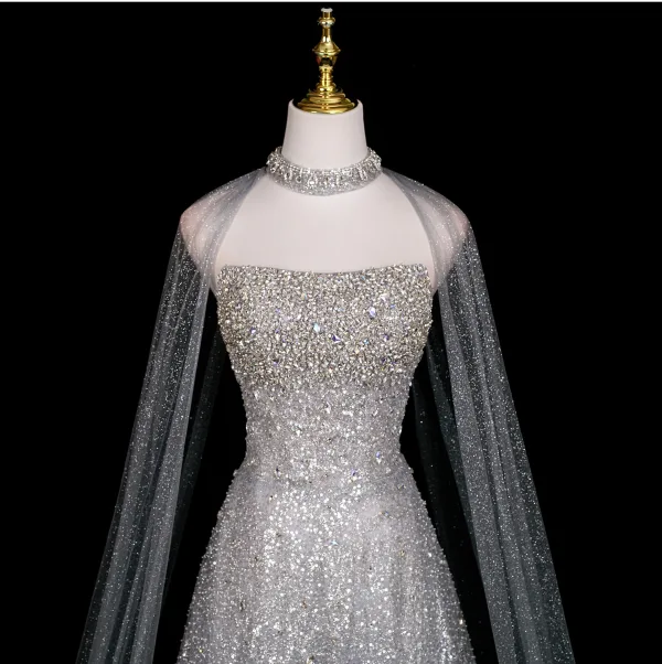 Glitzernden Sexy Silber Perlenstickerei Strass Pailletten Abendkleider 2025 A Linie Bandeau Ärmellos Rückenfreies Lange Festliche Kleider