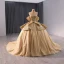 Luxury / Gorgeous Sparkly Gold Glitter Sequins Pearl Lace Flower Prom Dresses 2024 Ball Gown Off-The-Shoulder Short Sleeve Backless Chapel Train