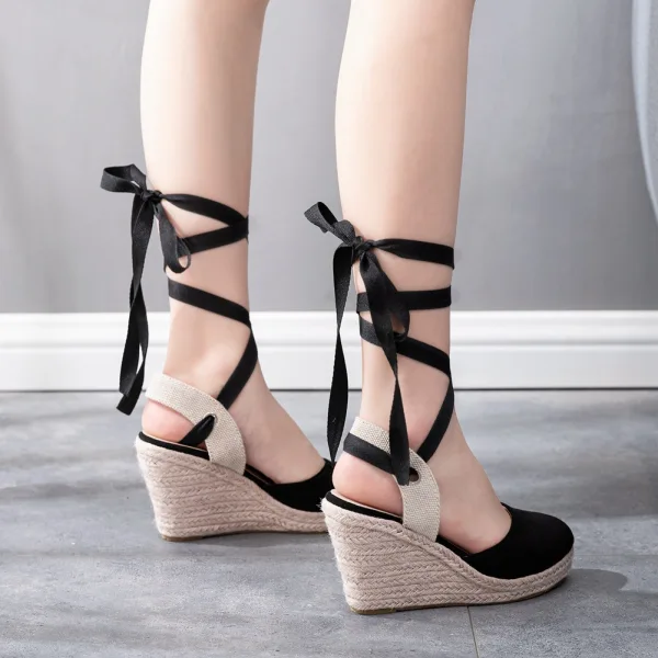 Bohemia Beige Street Wear Womens Sandals 2022 Ankle Strap 10 cm Wedges Waterproof Pointed Toe Womens Sandals