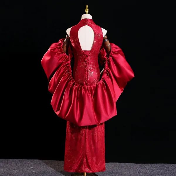 Chinese style Burgundy Printing Evening Party Cheongsam 2025 Trumpet / Mermaid High Neck Sleeveless Backless Floor-Length / Long