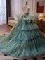 Elegant Jade Green Cascading Ruffles Ruffle Prom Dresses 2024 Ball Gown Spaghetti Straps Sleeveless Backless Court Train Prom Formal Dresses