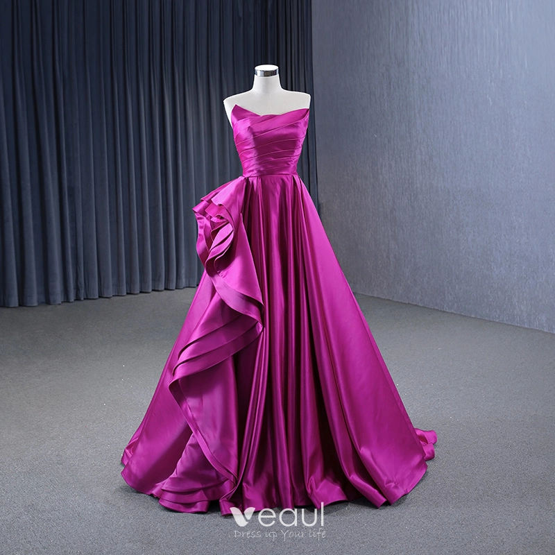 High-end Fuchsia Cascading Ruffles Satin Prom Dresses 2024 A-Line / Princess Strapless Sleeveless Backless Floor-Length / Long Prom Formal Dresses High-end Fuchsia Cascading Ruffles Satin Prom Dresses 2024 A-Line / Princess Strapless Sleeveless Backless Floor-Length / Long Prom Formal Dresses