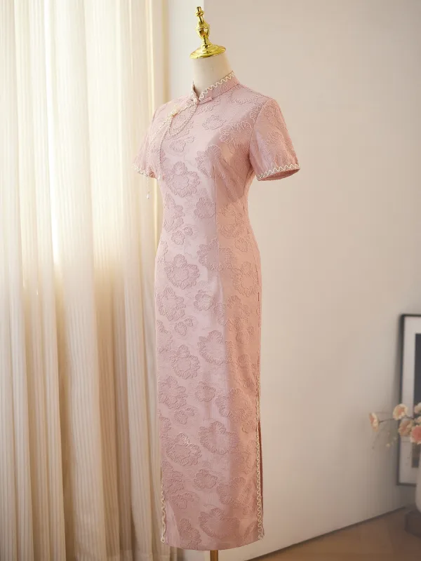 Chinese style Blushing Pink Pearl Printing Split Front Evening Party Cheongsam 2025 Trumpet / Mermaid High Neck Short Sleeve Floor-Length / Long