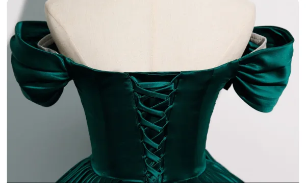 Vintage / Retro Dark Green Rhinestone Satin Prom Dresses 2025 Ball Gown Off-The-Shoulder Short Sleeve Backless Floor-Length / Long Prom Formal Dresses