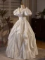 Vintage / Retro Ivory Appliques Satin Wedding Dresses 2024 Ball Gown V-Neck Puffy Short Sleeve Backless Floor-Length / Long Wedding